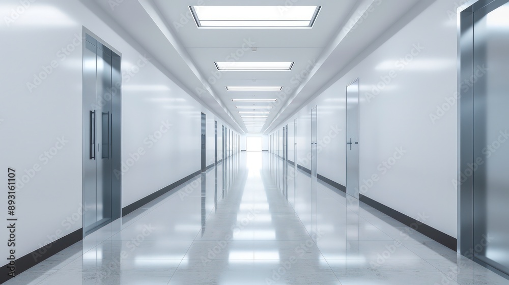 An empty school corridor with bright lighting and clean, white walls An empty school corridor with bright lighting and clean, white walls