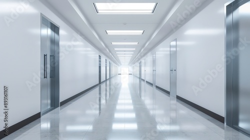 An empty school corridor with bright lighting and clean, white walls