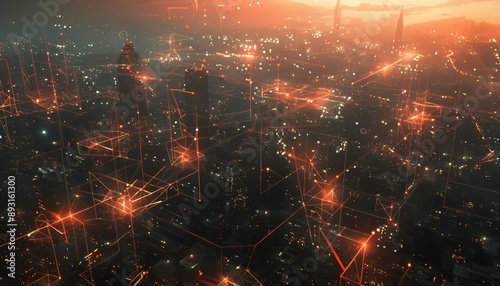Urban technology: nighttime connections and futuristic skyline with dynamic wireless networks © Rostislav