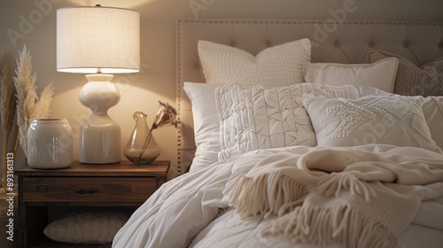 White lamp on wooden nightstand beside king bed with cozy bedding