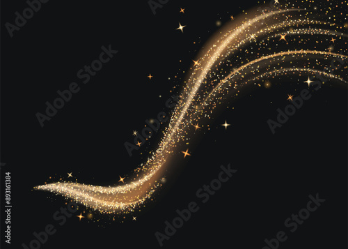 Magic gold glitter dust and star light wave vector. Golden shine trail with bright twinkle texture. Abstract yellow sparkle spray and stardust swirl design decoration. Luxury and glamour element