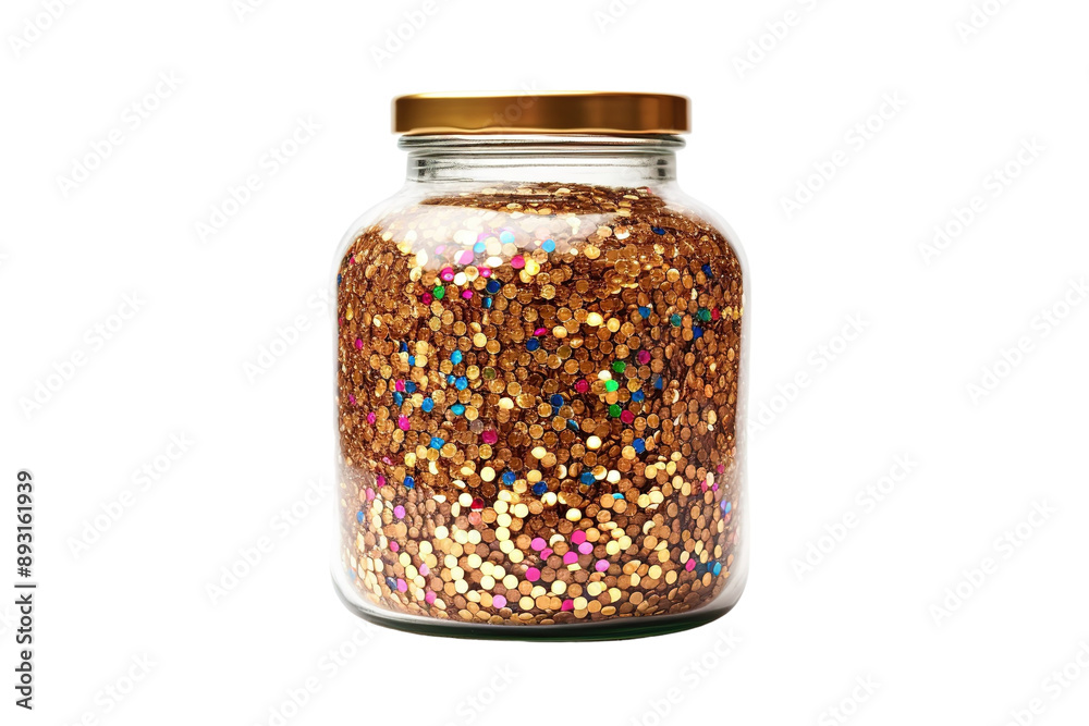A Jar Filled With Golden Glitter and Rainbow Specks on a Clear PNG or White Background. A Jar Filled With Golden Glitter and Rainbow Specks on a Clear PNG or White Background.