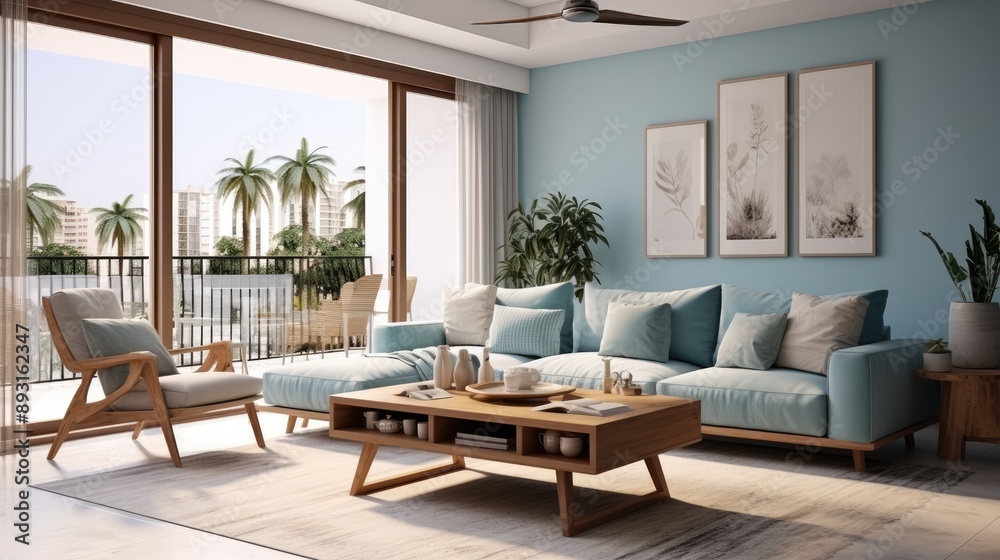 A bed with pillows, wooden furniture, potted plants, an armchair and curtains on large windows in a cozy bedroom interior. A bed with pillows, wooden furniture, potted plants, an armchair and curtains on large windows in a cozy bedroom interior.