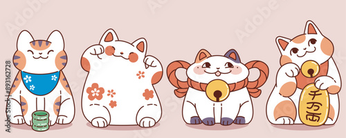 Maneki neko vector. Japanese lucky cat for money fortune. Kitty character symbol with bell on collar. Funny chinese traditional toy souvenir collection. Kawaii oriental mascot design graphic set