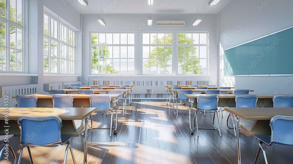 Bright and airy classroom with modern desks and chairs set up for the new school year Bright and airy classroom with modern desks and chairs set up for the new school year