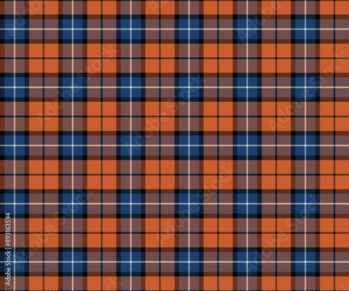 Plaid pattern, orange, blue, black, white, seamless for textiles and design clothing, skirts, pants, aprons, tablecloths, blankets or decorative fabrics. Vector illustration.