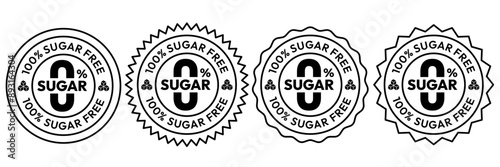 Sugar free icon. Zero sugar label. Set allergen free icons. Allergen free products. Products warning symbols. Lactose, gluten, sugar, corn, egg, trans fat, soy, nuts free, coffeine sign.