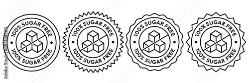 Sugar free icon. Zero sugar label. Set allergen free icons. Allergen free products. Products warning symbols. Lactose, gluten, sugar, corn, egg, trans fat, soy, nuts free, coffeine sign.