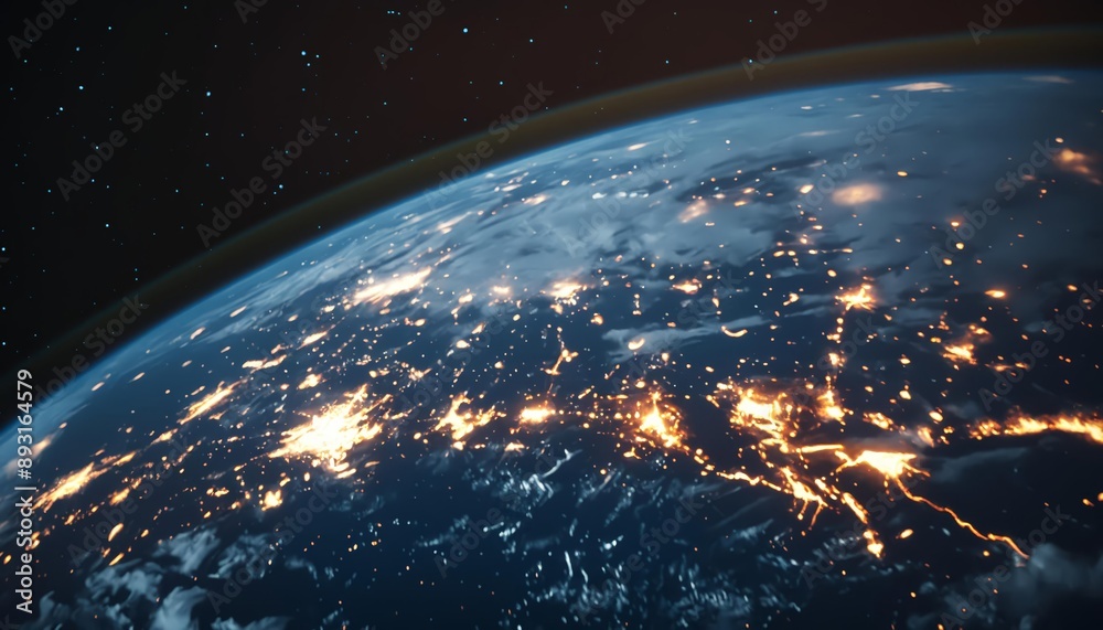 Planet earth from space, view with atmosphere and galaxy, city lights visible Planet earth from space, view with atmosphere and galaxy, city lights visible