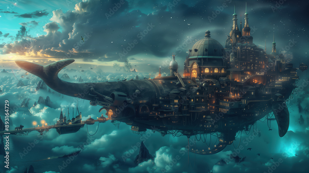 Steampunk City Built on a Mechanical Whale 3D Art with Bioluminescent Sky and Cloud Sea Steampunk City Built on a Mechanical Whale 3D Art with Bioluminescent Sky and Cloud Sea