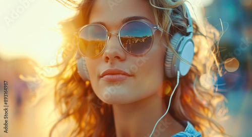 a beautiful woman with blonde curly hair wearing sunglasses and headphones listening to music, in the background is a sunset © Kien