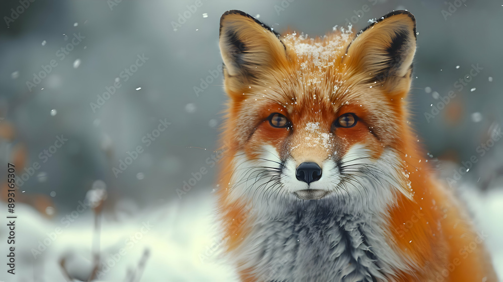 Red Fox in Snow, Portrait of Wild Animal in Snowy Forest
