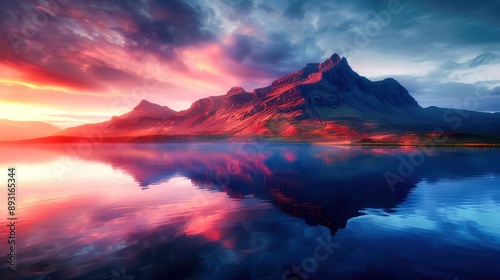 A majestic mountain silhouetted against a fiery sunset, with its reflection mirrored perfectly on the still surface of a lake