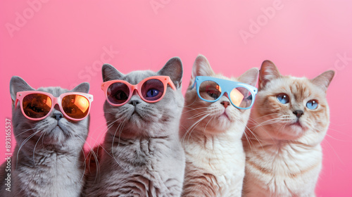 cute cats wearing glasses on pink background 