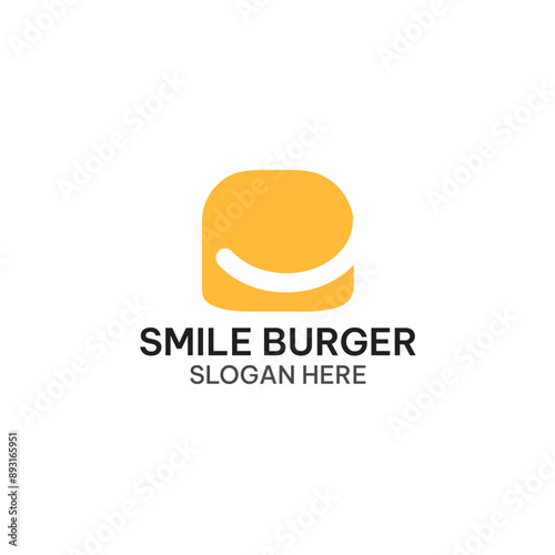 Smile burger logo template in simple flat design. Happy burger vector illustration with letter e initial.