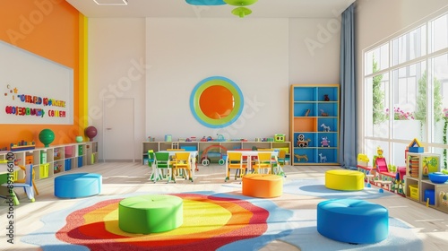 Bright and colorful kindergarten room featuring cheerful furniture and playful accents