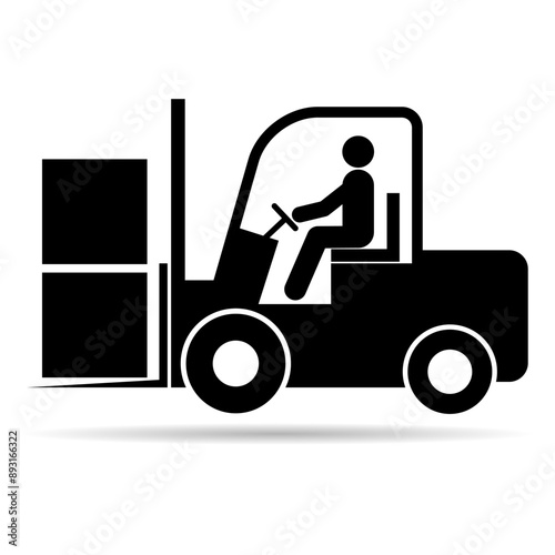 Forklift transport icon shadow, industry vehicle machine symbol, fork truck warehouse vector illustration