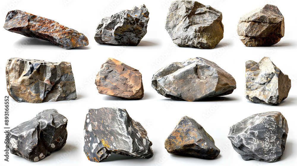 Collection set of long flat big hard rock boulder stone podium stage display on white background. Many different design. Mockup template artwork graphic