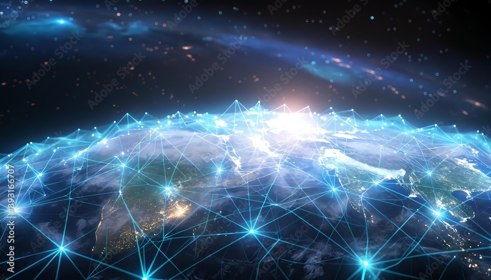 Obraz premium Futuristic global networking: telecom and web connectivity with Earth, satellite, and international virtual networks