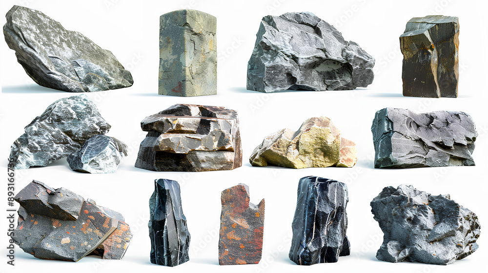Collection set of long flat big hard rock boulder stone podium stage ...