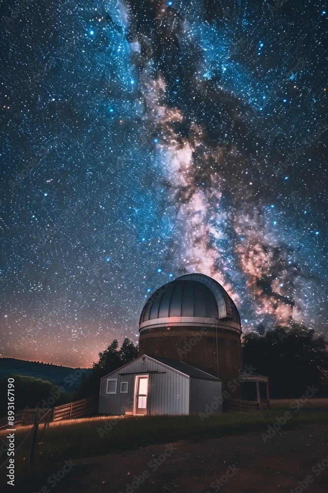 The Milky Way galaxy is visible in the night sky above an observatory with its telescope and dome. Stars and constellations fill the sky, creating a beautiful scene of cosmic wonder. This was shot on The Milky Way galaxy is visible in the night sky above an observatory with its telescope and dome. Stars and constellations fill the sky, creating a beautiful scene of cosmic wonder. This was shot on