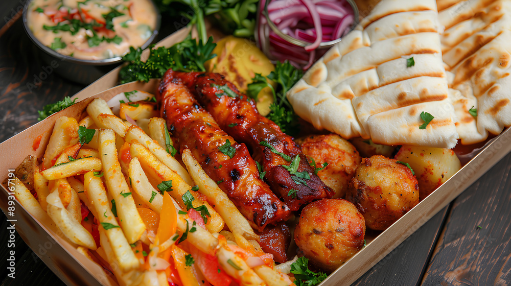 Frybox with fries, chicken, potato balls, pita and vegetables Frybox with fries, chicken, potato balls, pita and vegetables