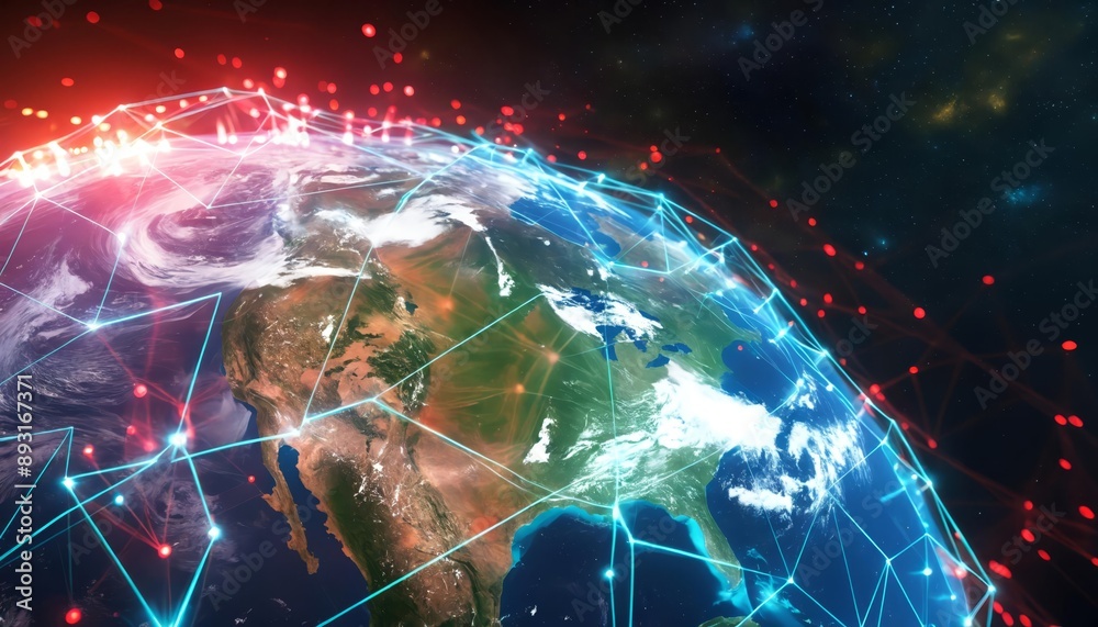 Fototapeta premium Global networking: virtual Earth connections with cyberspace community, three-dimensional grid, and economic exchange