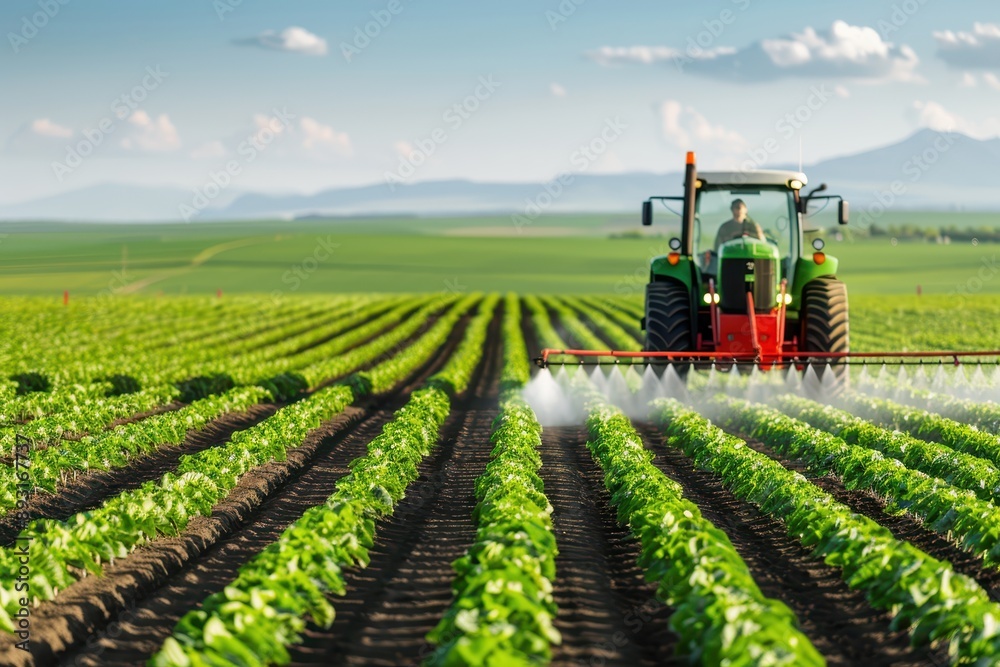 A tractor spraying crops in a vast, green field on a sunny day, showcasing modern agriculture and farming techniques. A tractor spraying crops in a vast, green field on a sunny day, showcasing modern agriculture and farming techniques.