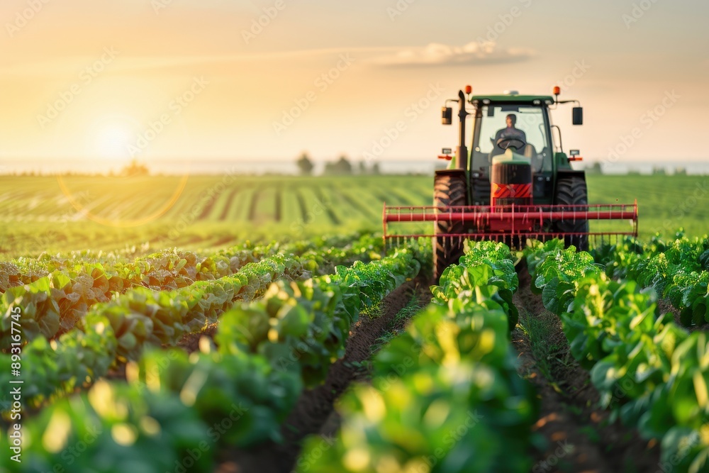 A tractor working on a green field during sunset, cultivating crops, representing agricultural work and farming environment. A tractor working on a green field during sunset, cultivating crops, representing agricultural work and farming environment.