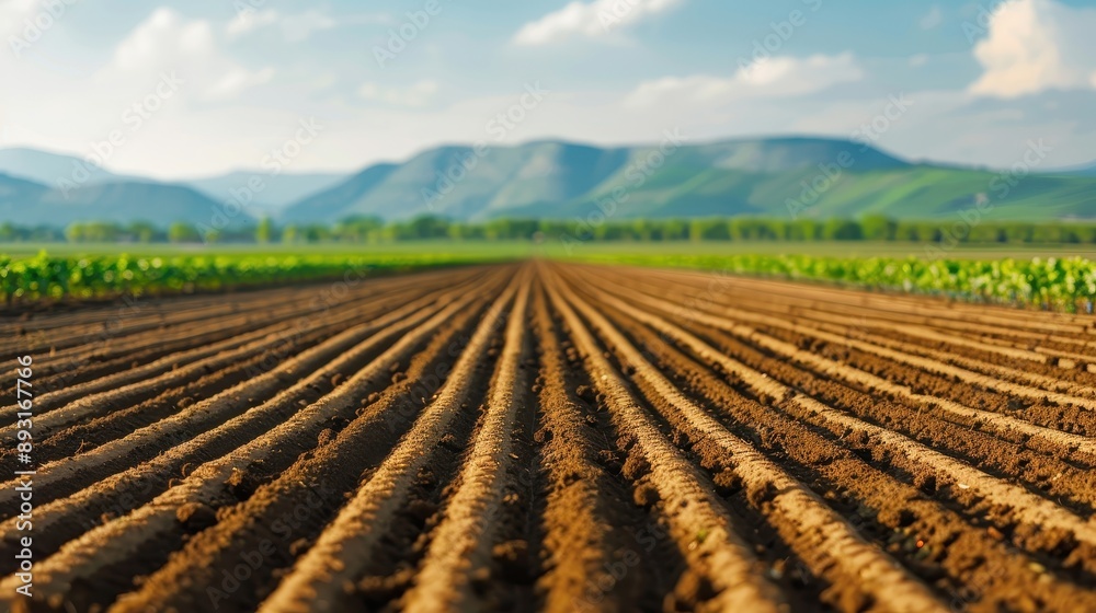 A wide-angle view of freshly plowed agricultural fields stretching into the distance with a scenic mountain range in the background. A wide-angle view of freshly plowed agricultural fields stretching into the distance with a scenic mountain range in the background.