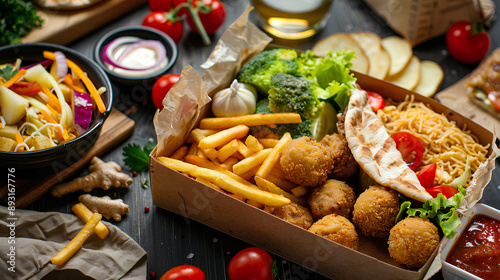 Frybox with fries, chicken, potato balls, pita and vegetables photo