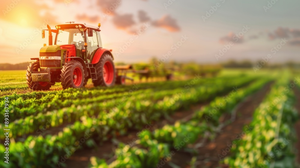 Red tractor working on a lush green farm field at sunset, emphasizing agricultural machinery and rural farming in vibrant colors. Red tractor working on a lush green farm field at sunset, emphasizing agricultural machinery and rural farming in vibrant colors.
