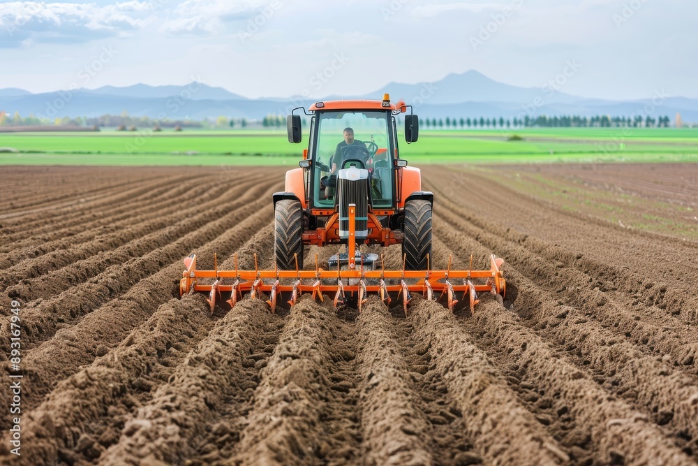 Obraz premium Tractor plowing a vast agricultural field, preparing soil for planting crops on a clear day with mountains in the background.