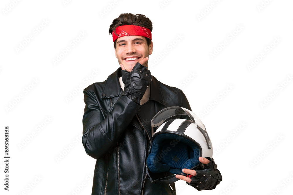 Young caucasian man with a motorcycle helmet over isolated background happy and smiling Young caucasian man with a motorcycle helmet over isolated background happy and smiling