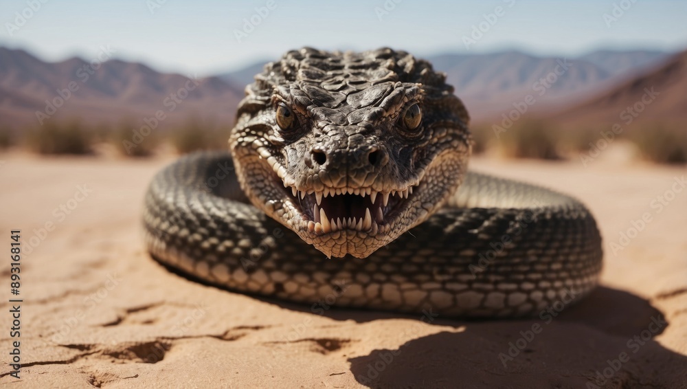 Obraz premium Sinister serpent prepared to strike in the vast arid expanse of the desert wilderness.
