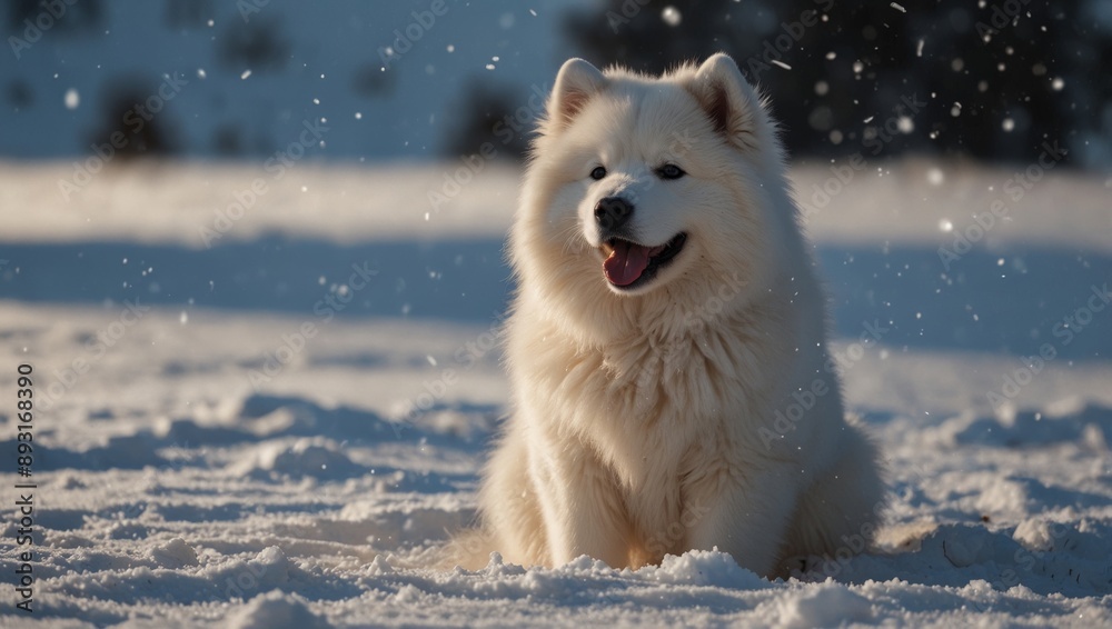 Samoyed puppy playfully sitting in snowdrift with mischievous twinkle in its eye.