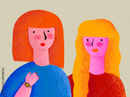 Cute cartoon girls character colorful on vintage, retro style vector illustration. Friendship relation people.