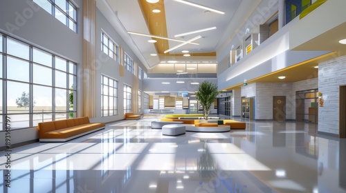 Bright school lobby featuring high ceilings, clean lines, and modern d?(C)cor