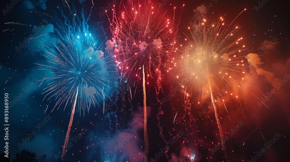 Fototapeta premium Stunning fireworks with vibrant reds and blues filling the night sky, conveying a festive celebration, with no people in the scene