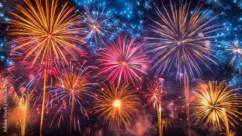 Naklejka premium Vivid and vibrant fireworks illuminating the night sky, creating a festival atmosphere with no people present, detailed and colorful