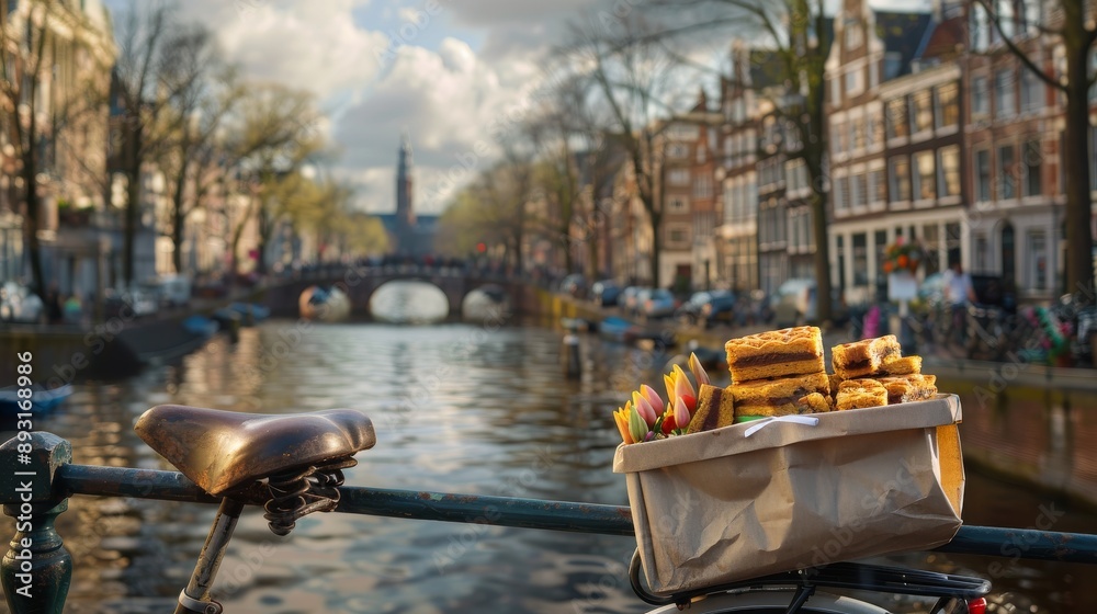 A Bicycle With a Basket of Food on the Handlebars Near a Bridge Over a Canal - Generative AI A Bicycle With a Basket of Food on the Handlebars Near a Bridge Over a Canal - Generative AI