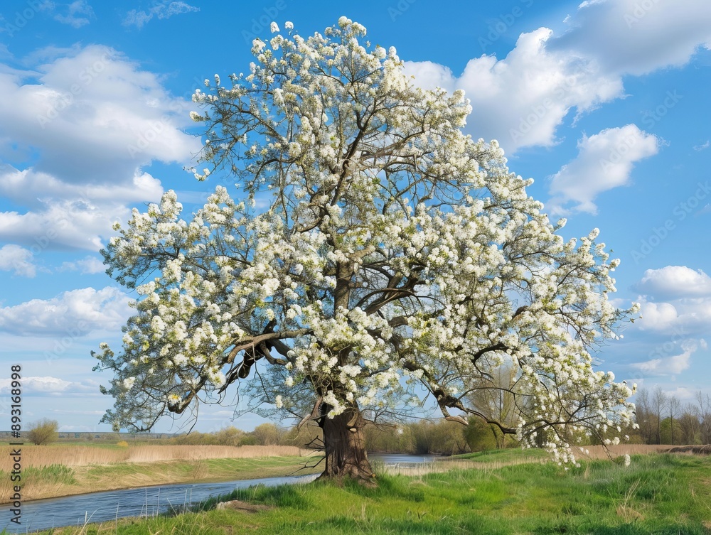 Majestic Spring Bloom: Stunning Pear Tree Blossoms in Riverside Meadow Majestic Spring Bloom: Stunning Pear Tree Blossoms in Riverside Meadow