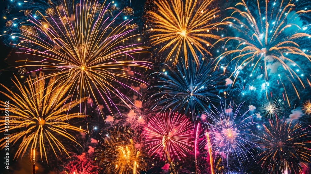 Fototapeta premium High-resolution image of fireworks in various bright colors bursting in the night sky, capturing the festive celebration with no people in sight