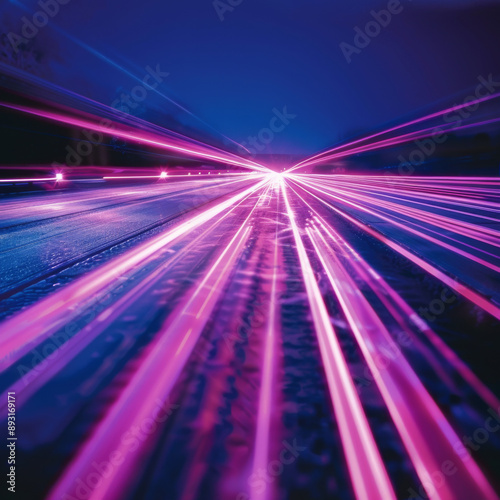 Speedy pink lasers race across a dark blue background, leaving streaks of light behind. This futuristic image portrays the rapid movement of technology, data streaming, and dynamic energy. © Orxan