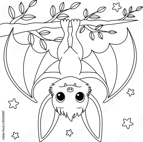 Cute Bat Hanging on The Branch Tree Colouring. Halloween Outline Coloring Page