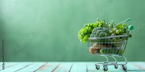 A grocery cart filled with fresh vegetables like broccoli, lettuce, and grapes, set against a green background, highlighting healthy eating, fresh produce, and sustainable shopping practices.