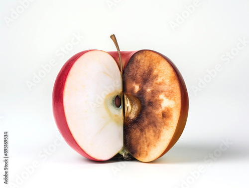 Fresh and rotten red apple. Good vs bad concept. 
