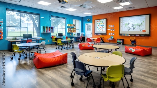 Classroom designed with creative learning zones and advanced digital tools