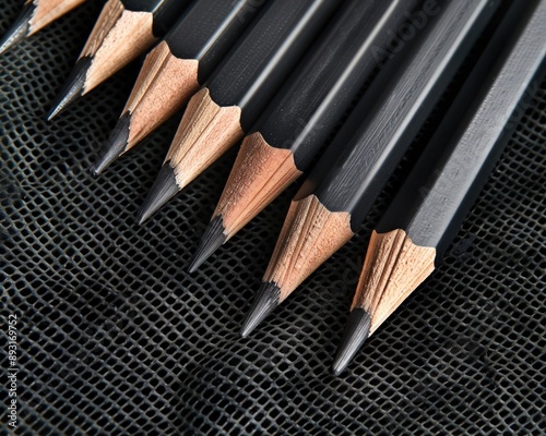 School or art workspace mockup with black pencils on mesh black.