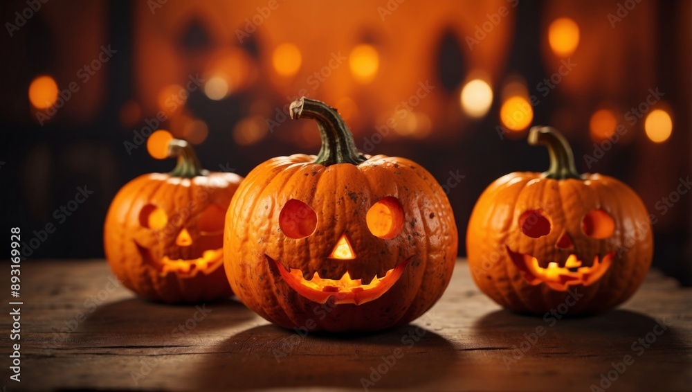 Fototapeta premium Spooky halloween pumpkins on bright orange background with ample space for creative text placement.